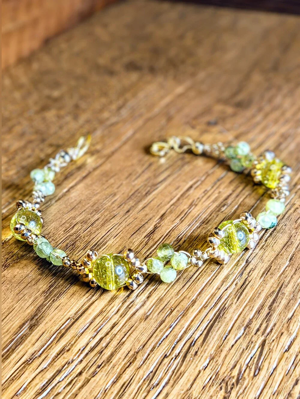 Handwoven Natural Peridot Stone Bracelet - Dainty Handmade Gold Bead Jewelry
